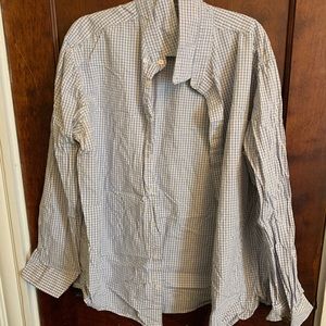 White button down with blue grid pattern